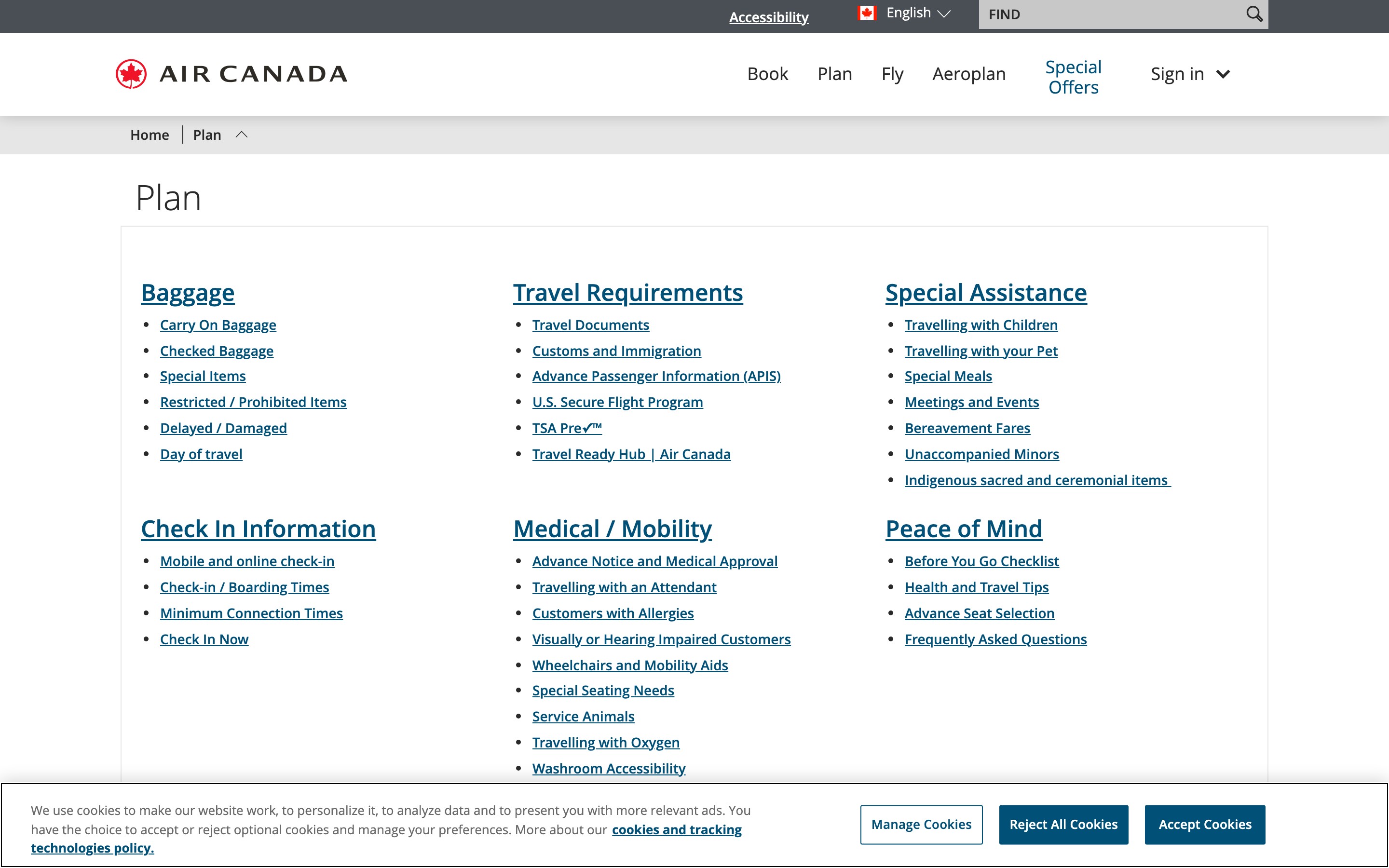 Screenshot of the Air Canada Plan page with baggage and travel requirements
