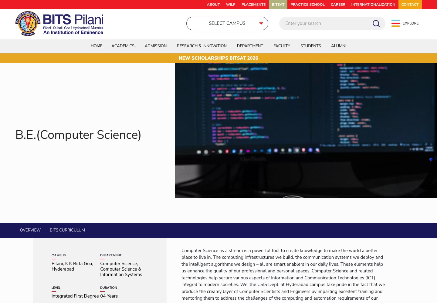 BITS Pilani: programs webpage