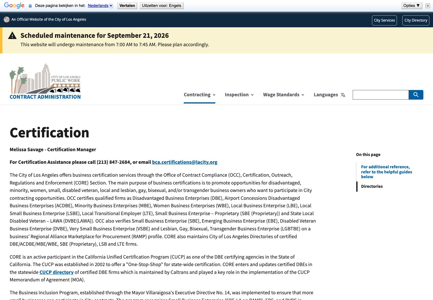 City of Los Angeles &mdash; Bureau of Contract Administration: certification webpage