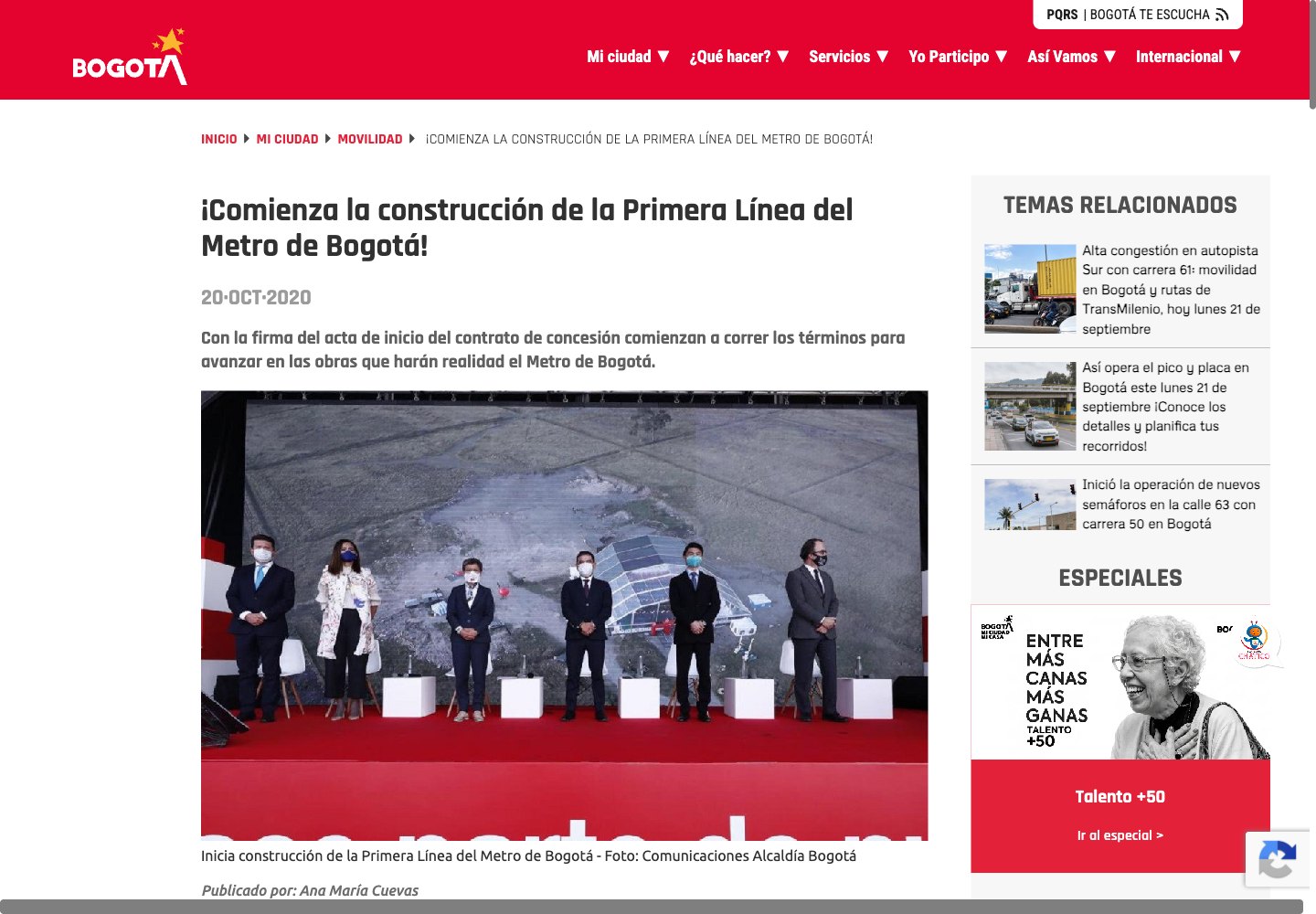 Metro de Bogotá: construction webpage