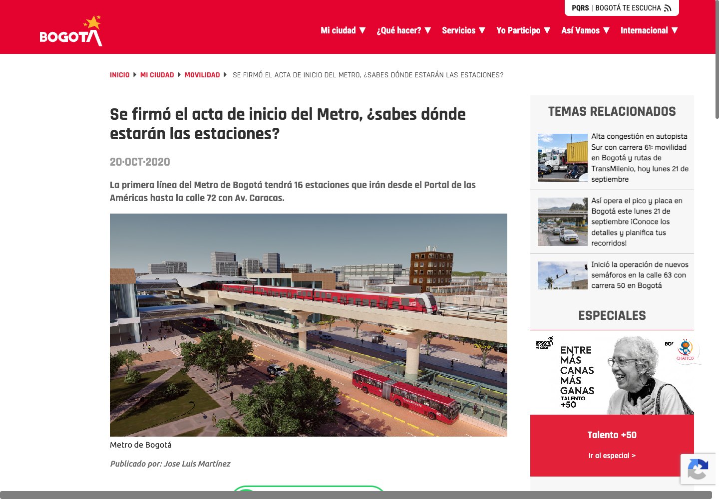 Metro de Bogotá: stations webpage