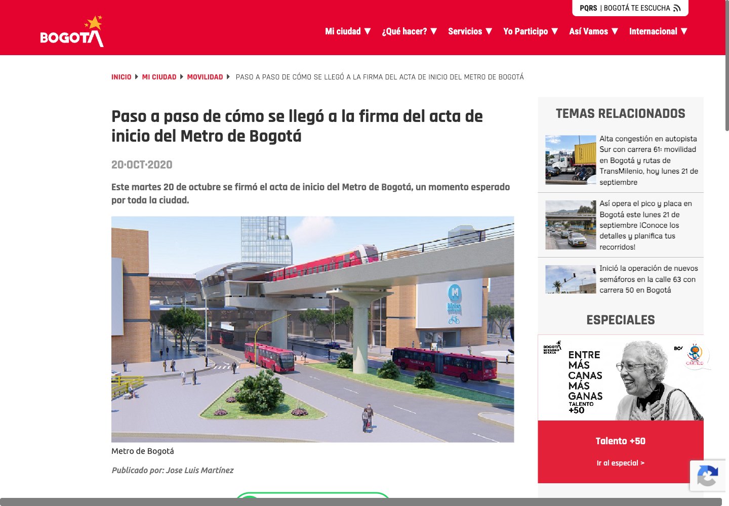 Metro de Bogotá: project milestones webpage