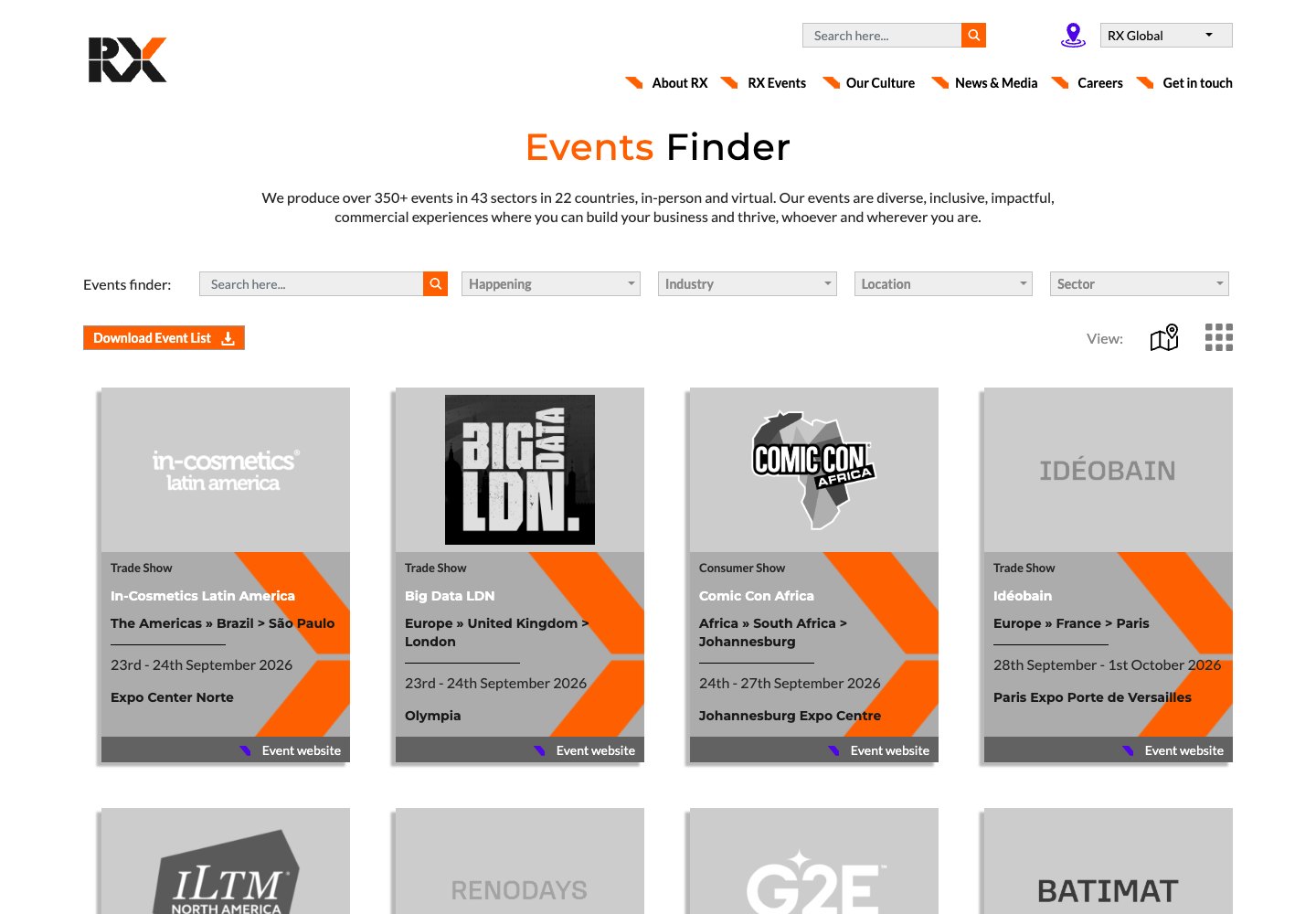 RX Global: p&aacute;gina web del porfolio de eventos