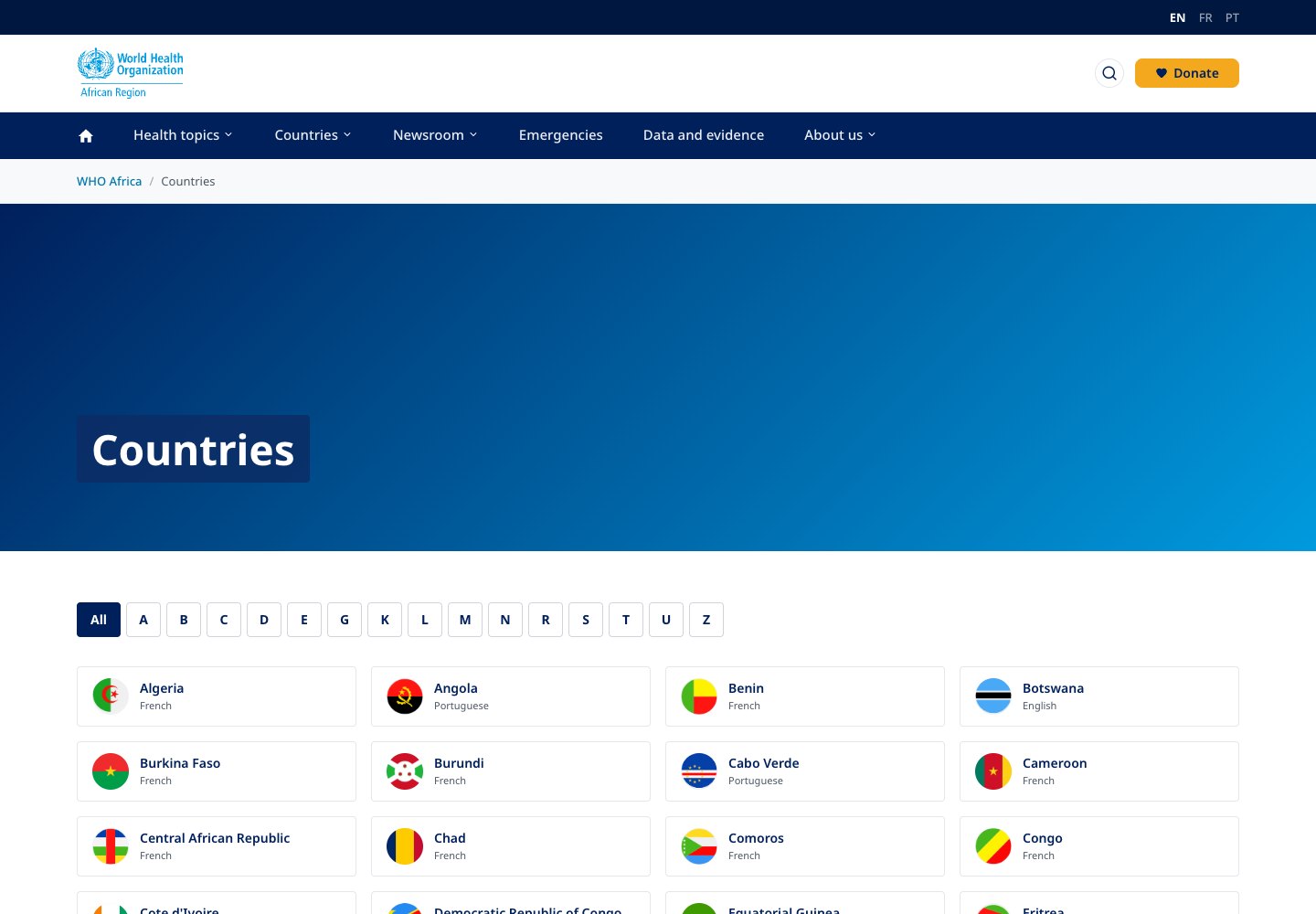 WHO Regional Office for Africa: countries webpage