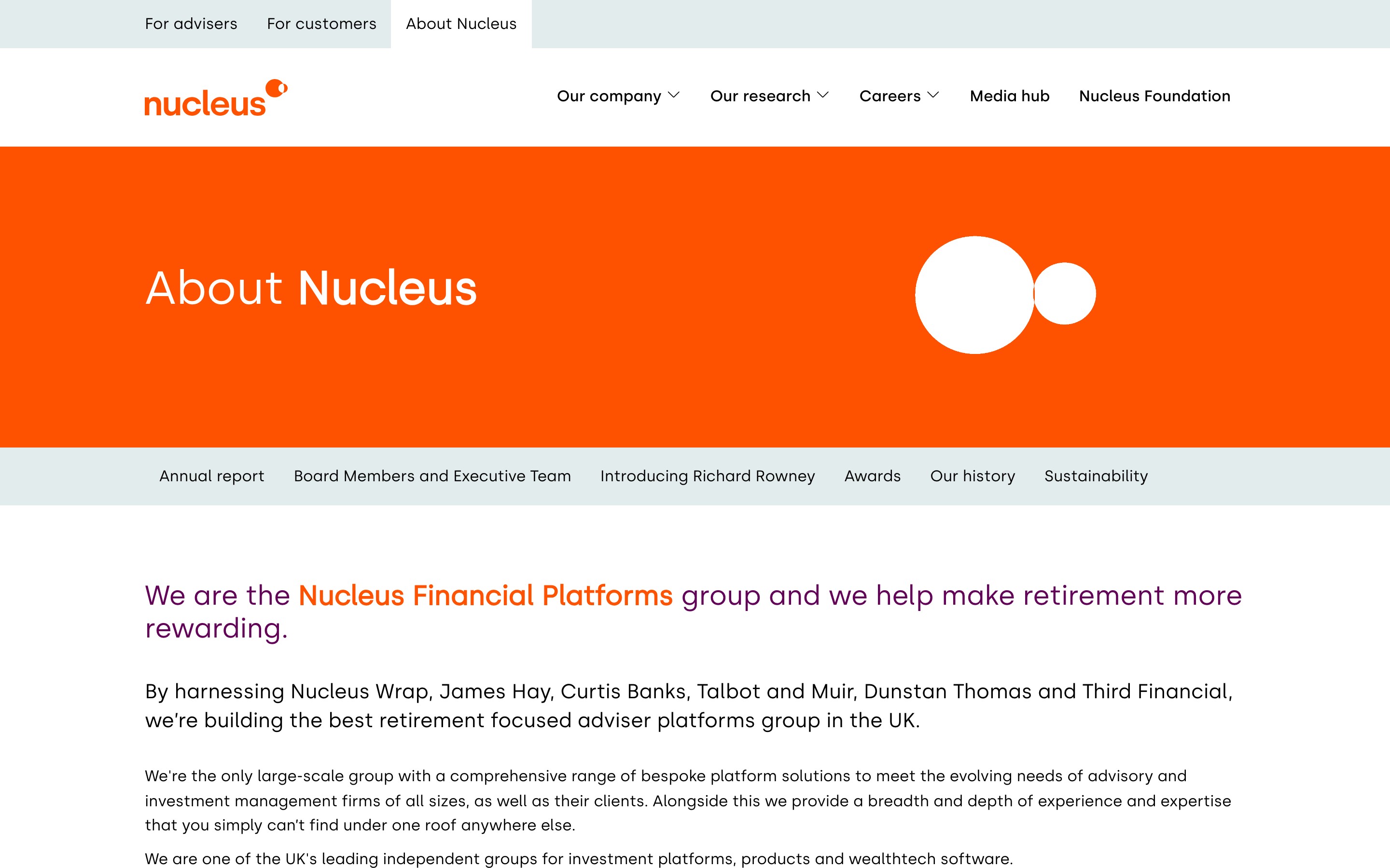 Nucleus Financial about page with company navigation