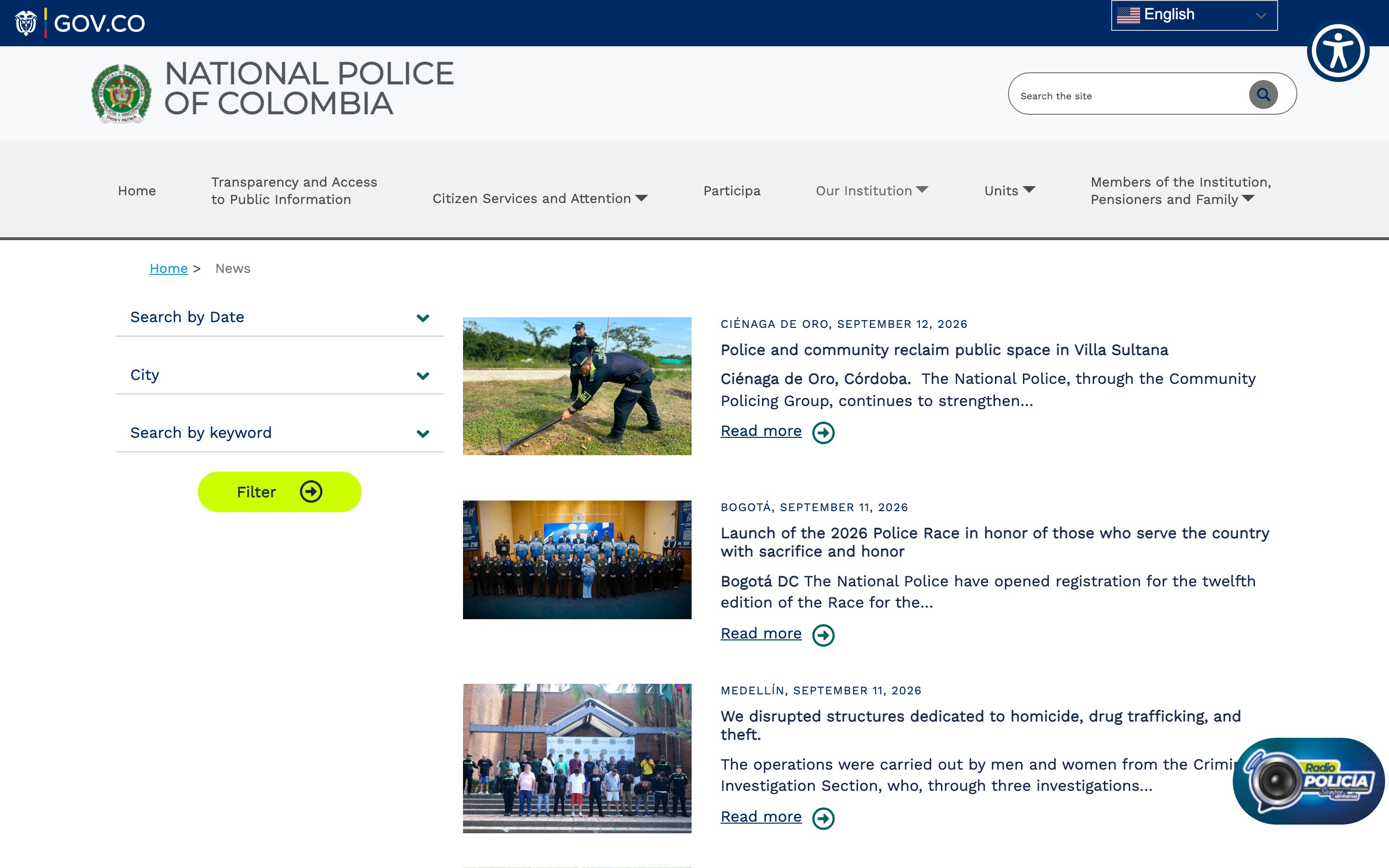 Policía Nacional citizen services pages