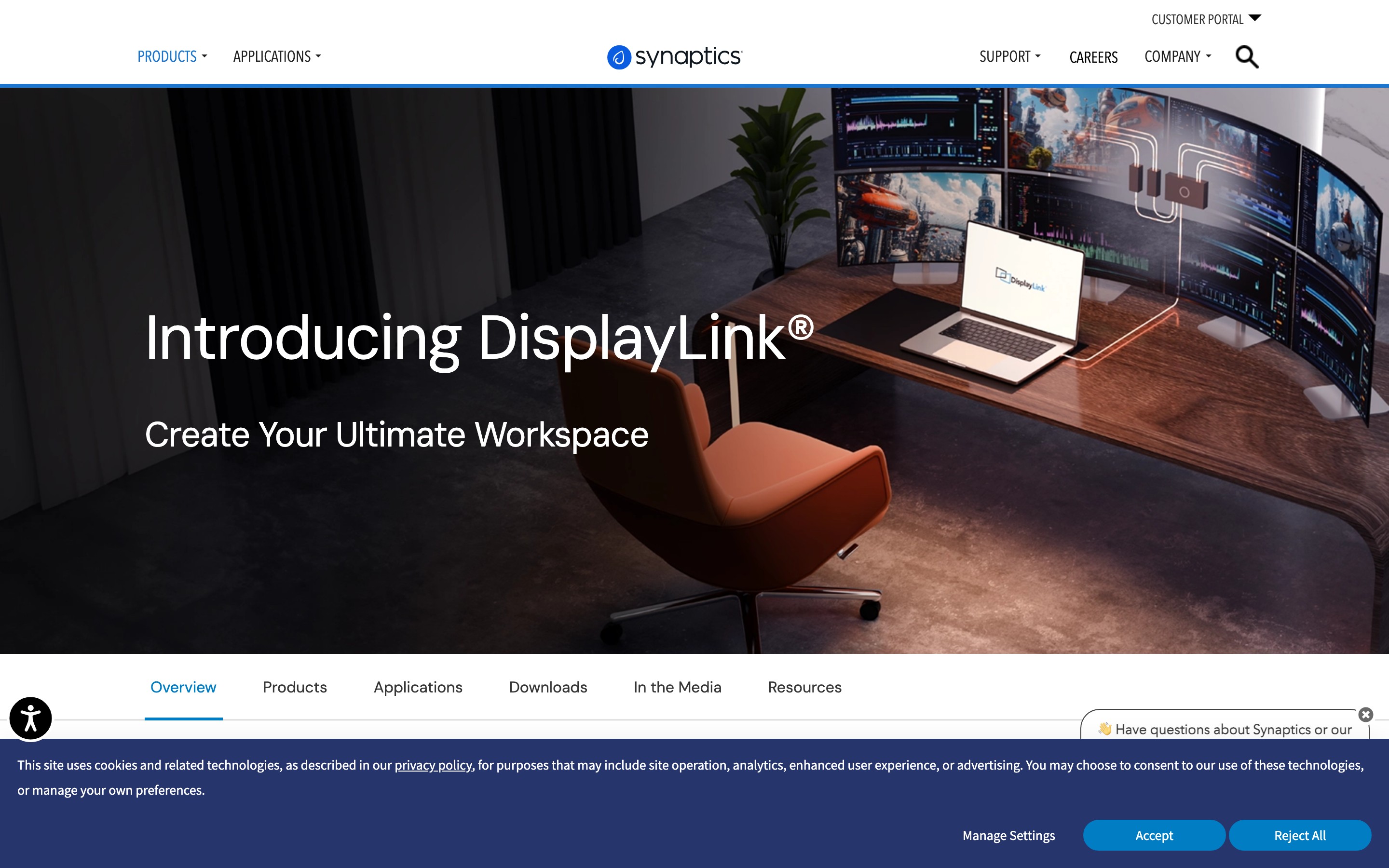 Page produit DisplayLink de Synaptics avec visuels d&rsquo;espace de travail, construite avec DXPR Builder