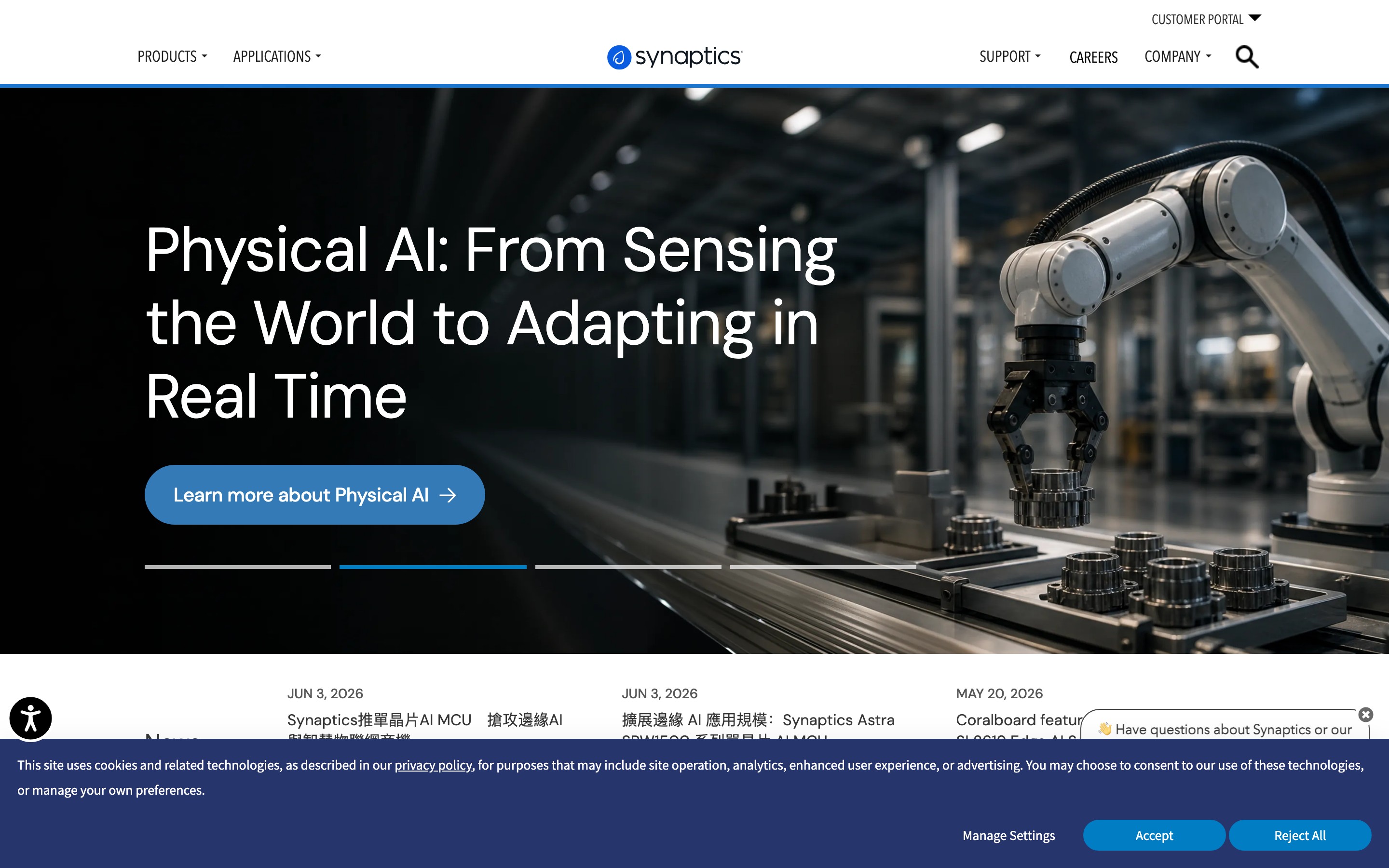 H&eacute;ros de la page d&rsquo;accueil Synaptics promouvant Physical AI, construit avec DXPR Builder