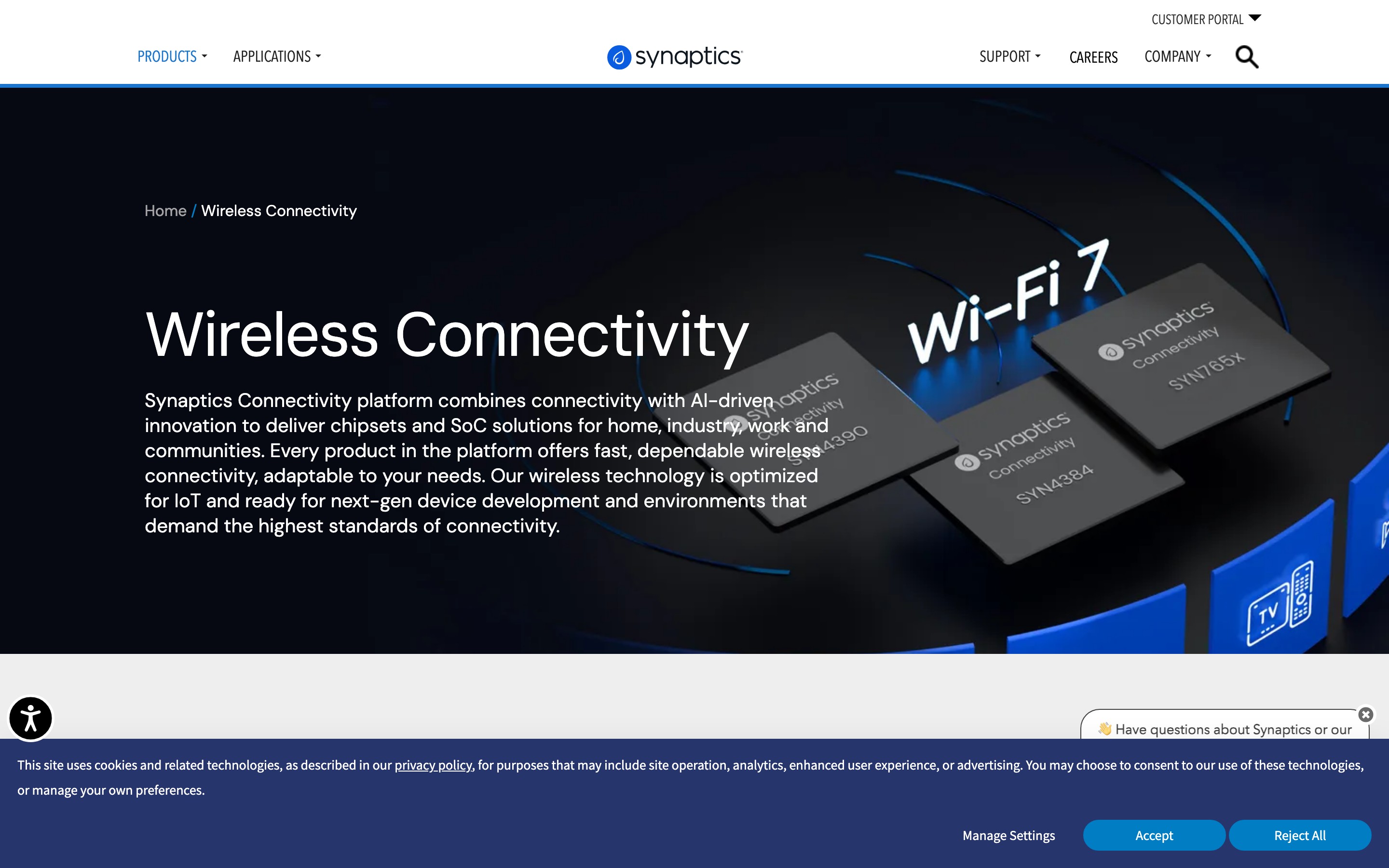 Page Wireless Connectivity de Synaptics avec chipsets Wi-Fi 7, construite avec DXPR Builder