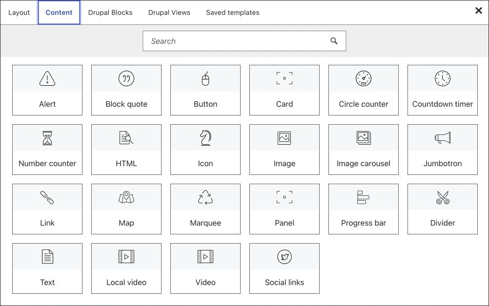 DXPR Builder content-element picker offering text, images, buttons, video and other elements.