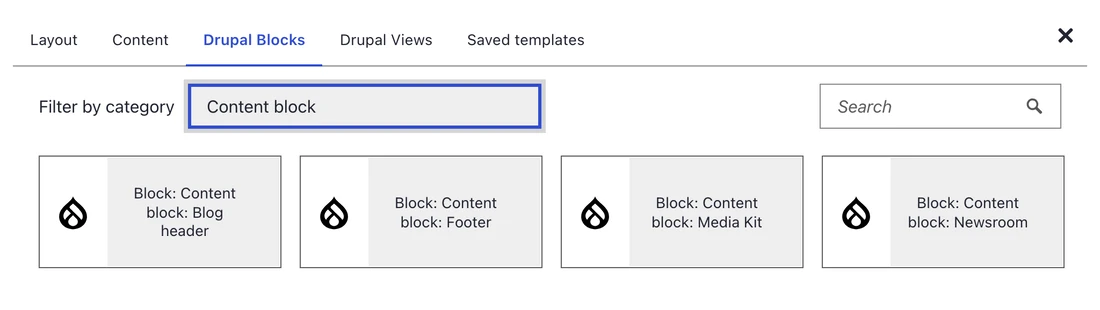 DXPR Builder Drupal-blokkenkiezer met bestaande Blog-header-, Footer-, Media Kit- en Newsroom-blokken.