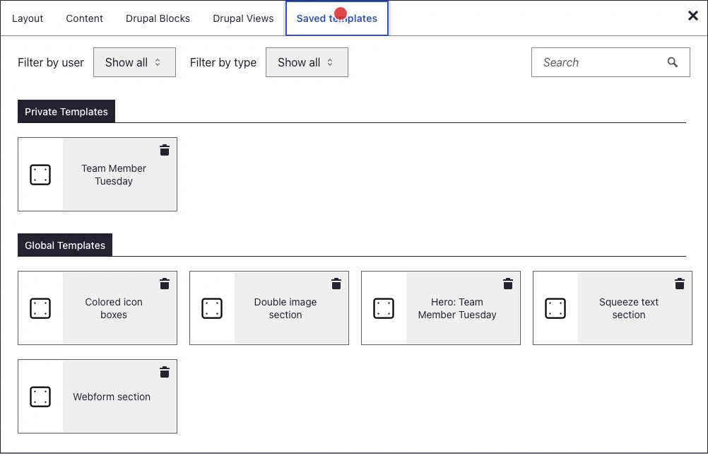 DXPR Builder-kiezer voor opgeslagen templates met pagina- en sectietemplates.