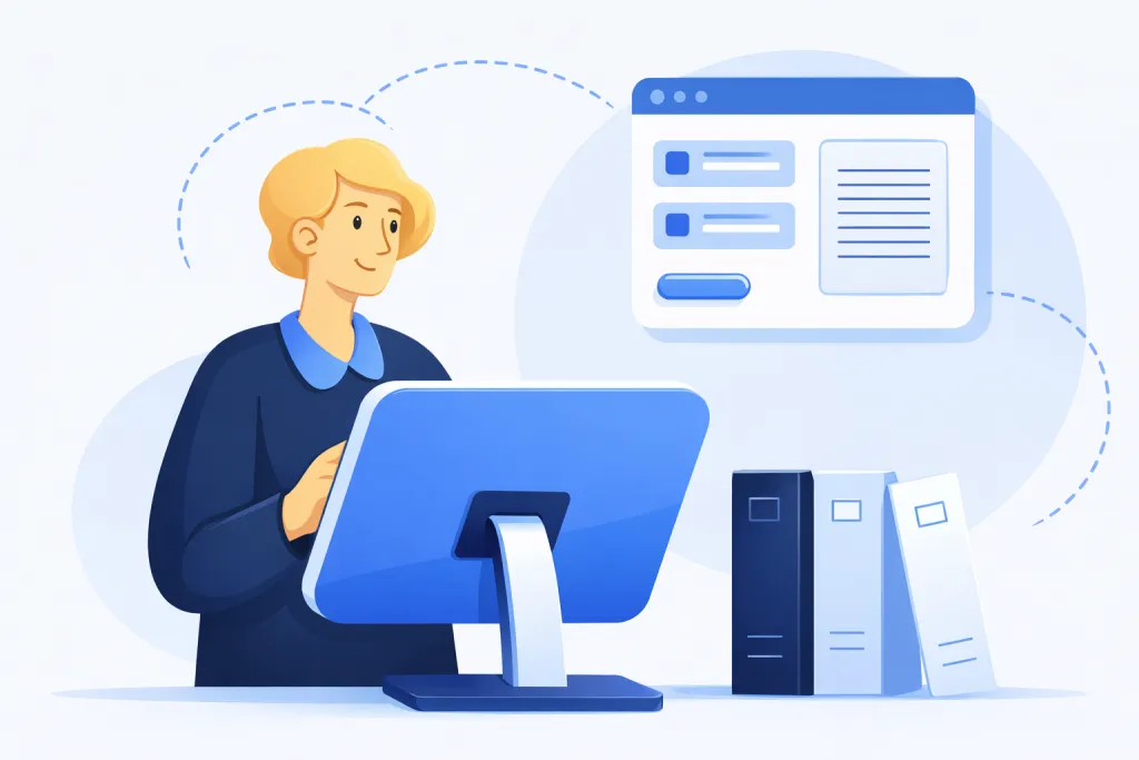 Person at a desk with a computer, folders, and a floating interface graphic.