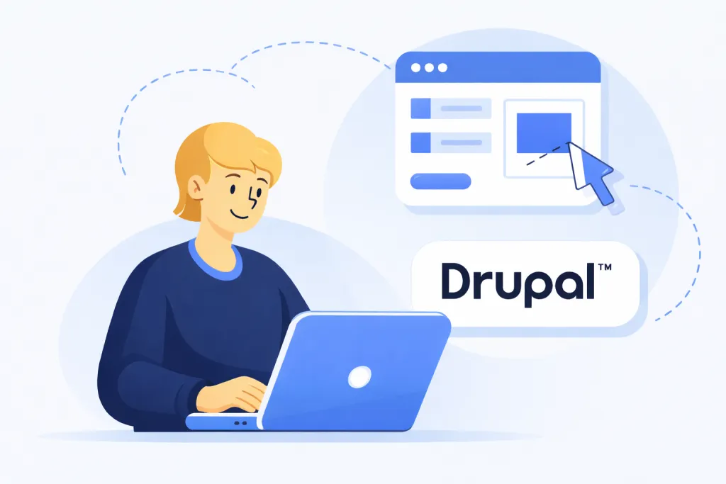 Person using a laptop, Drupal website builder icon nearby.