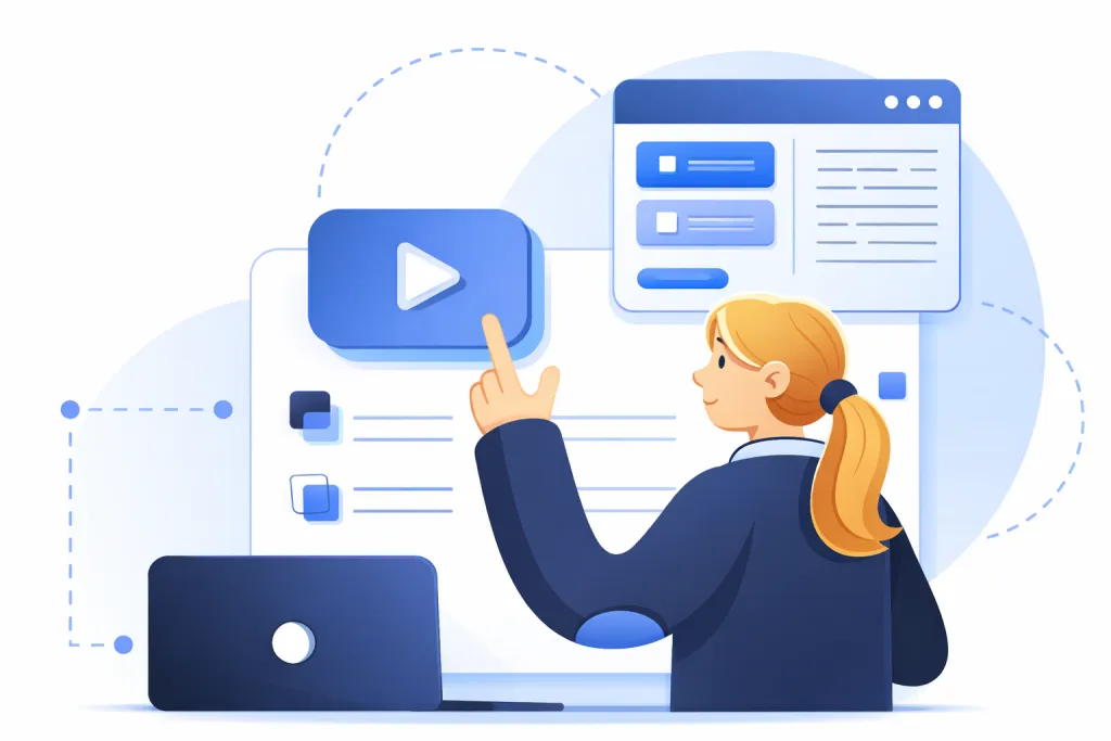 Woman interacts with digital interface with play button and laptop.