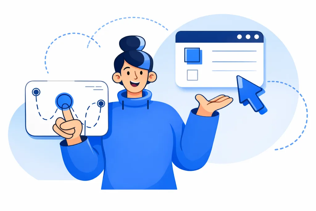 Person presenting software interface illustration.