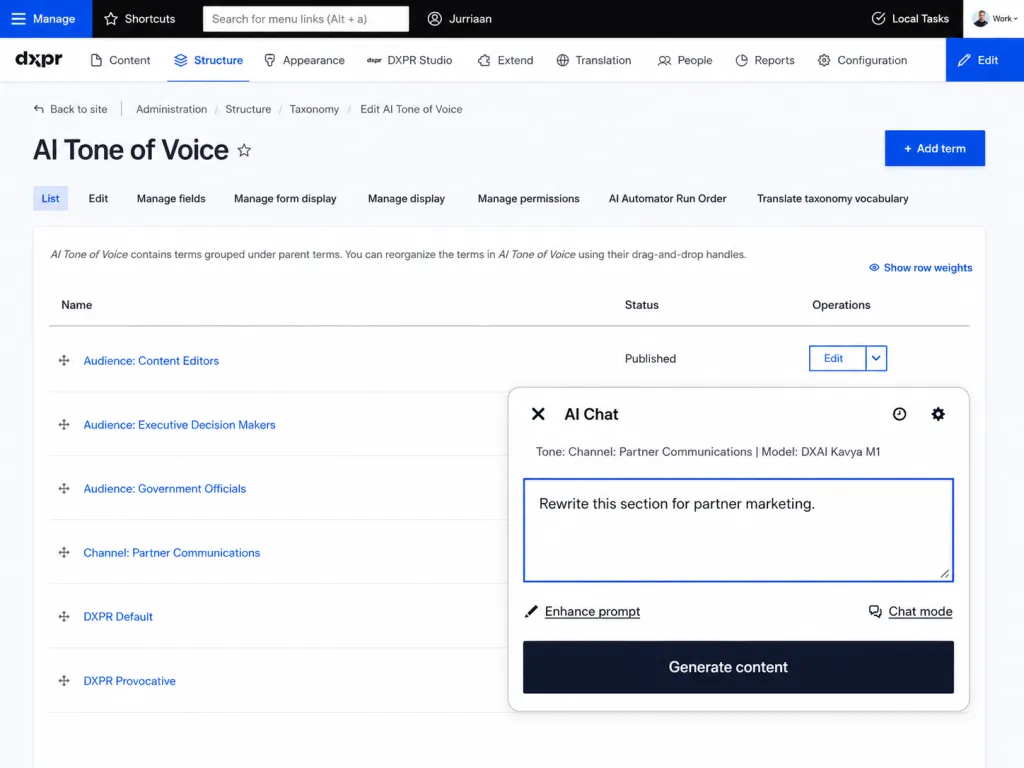 DXPR AI tone of voice templates managed by Drupal taxonomy