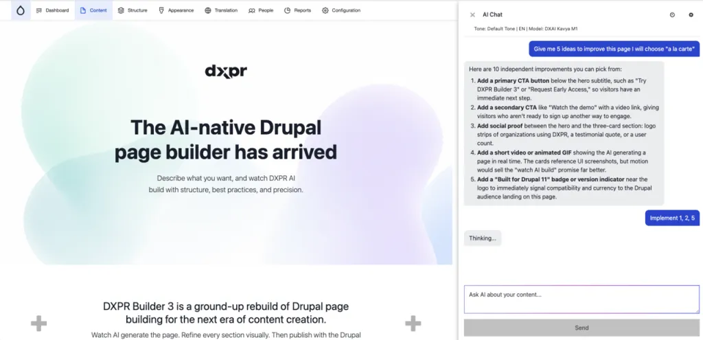 DXPR Builder AI Chat mode proposing five improvements to a page and implementing three
