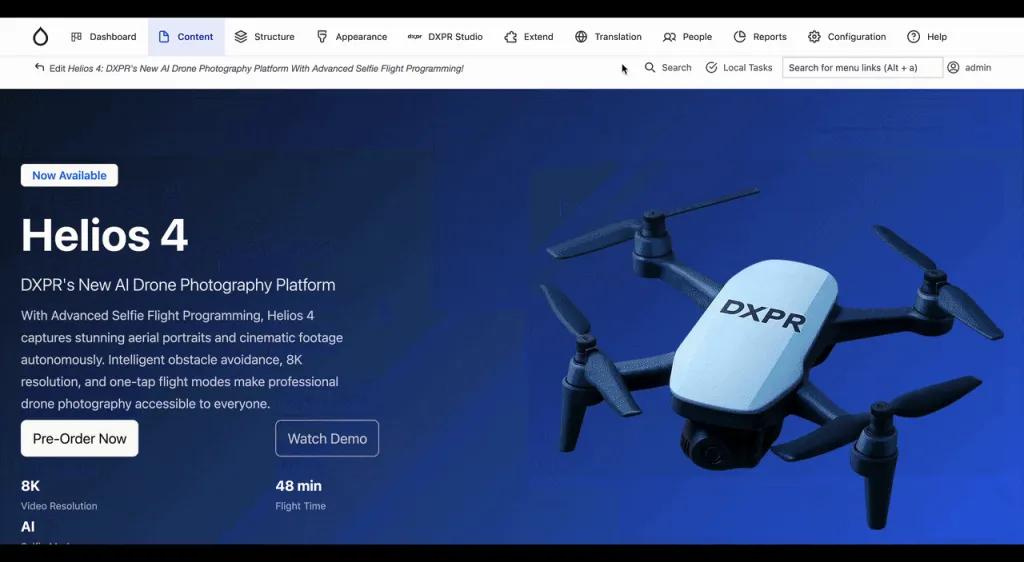 Launch page for a drone product, generated by DXPR AI and edited in DXPR Builder