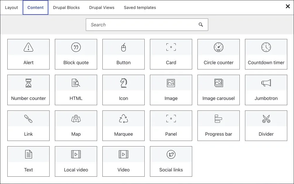 DXPR Builder Content picker showing image, text, button, video and other ready-to-use elements.