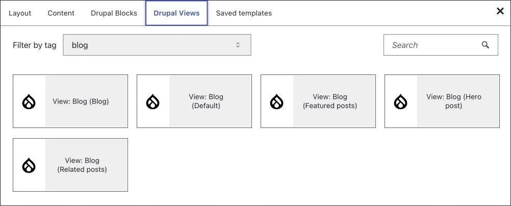 DXPR Builder Drupal Views picker offering existing Blog, Featured posts and Related posts displays.