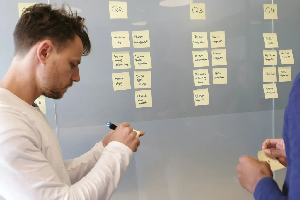 Collega&rsquo;s die prioriteiten in kaart brengen met sticky notes op een planbord