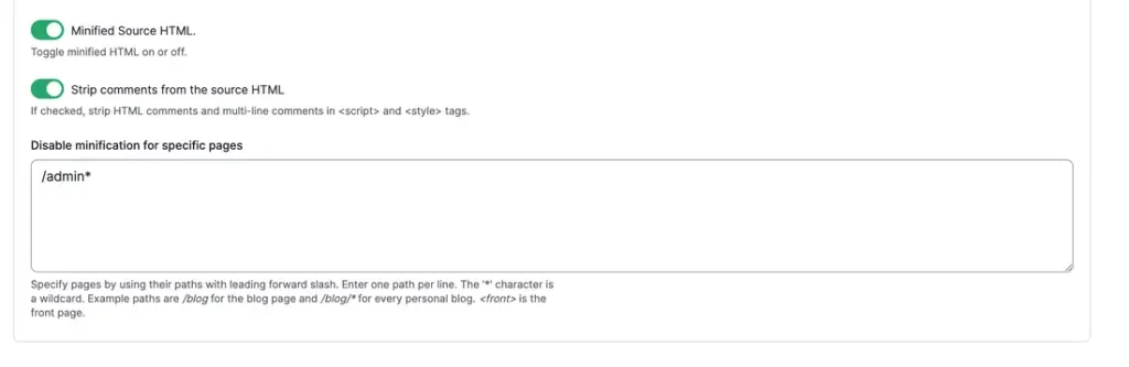 Minified HTML and comment stripping toggles with path exemptions in performance settings.