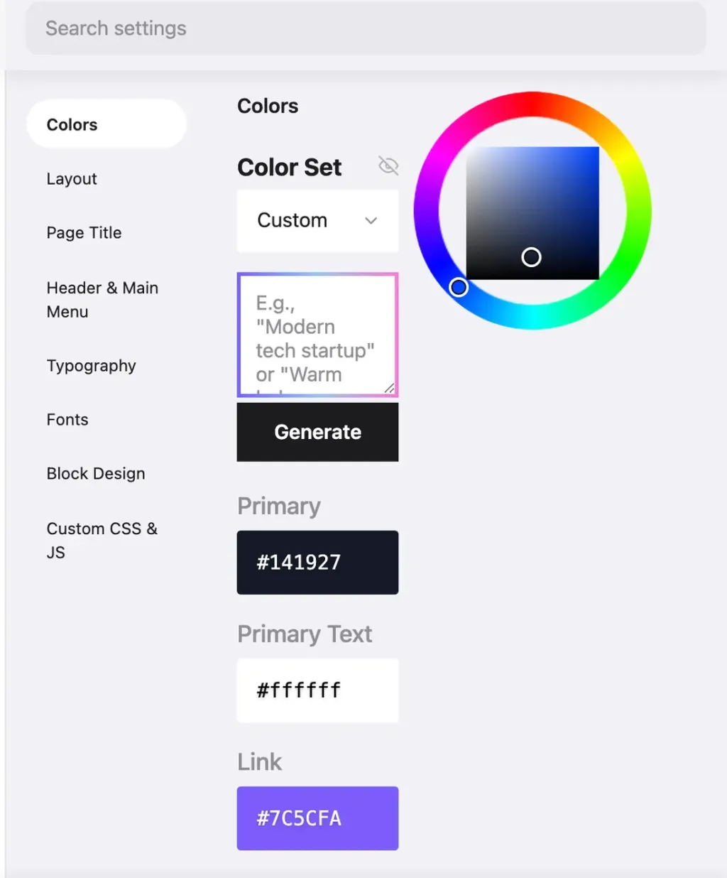 Theme Colors settings with Color Set generator and Primary, Primary Text and Link values.