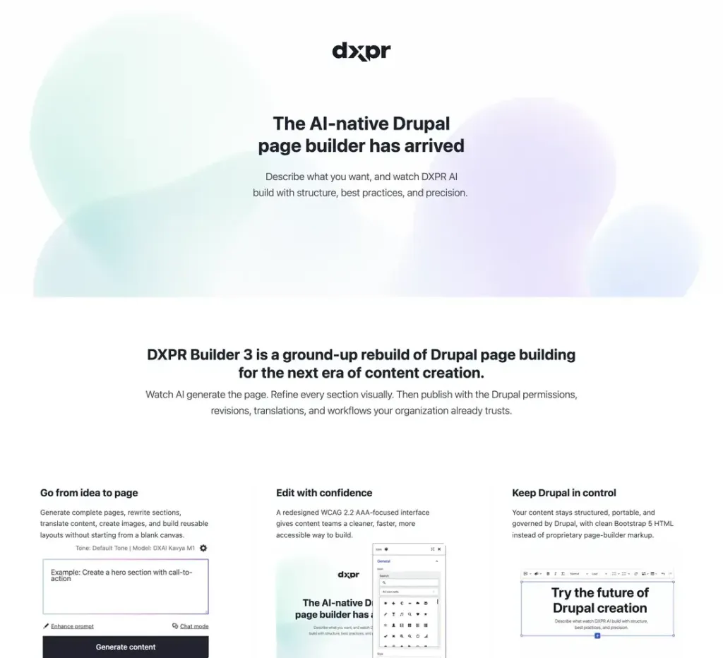 DXPR Builder-built homepage with branded hero type and three content cards carrying the theme.