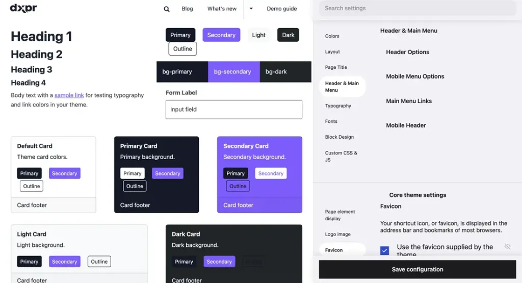 Theme Header and Main Menu settings with header options and favicon controls beside the preview.